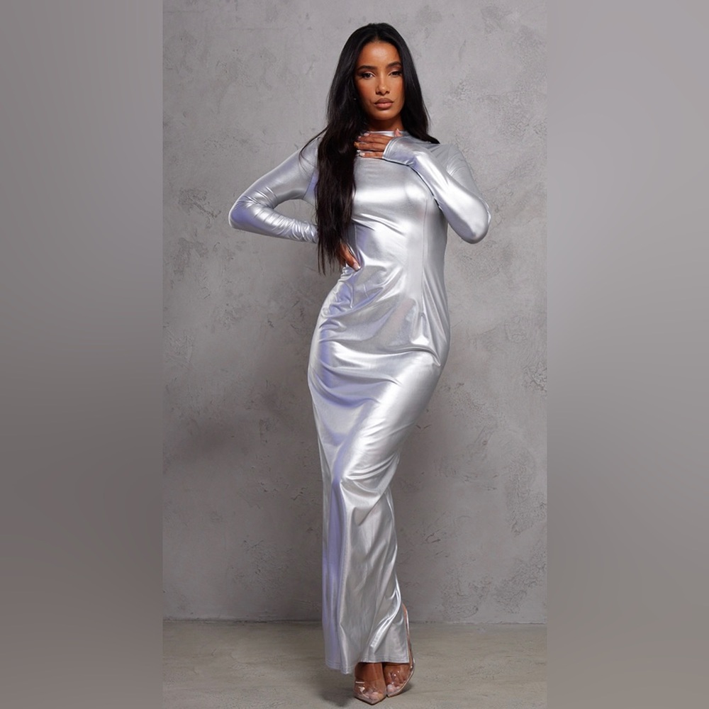 Silver Metallic Long Sleeve Maxi Dress